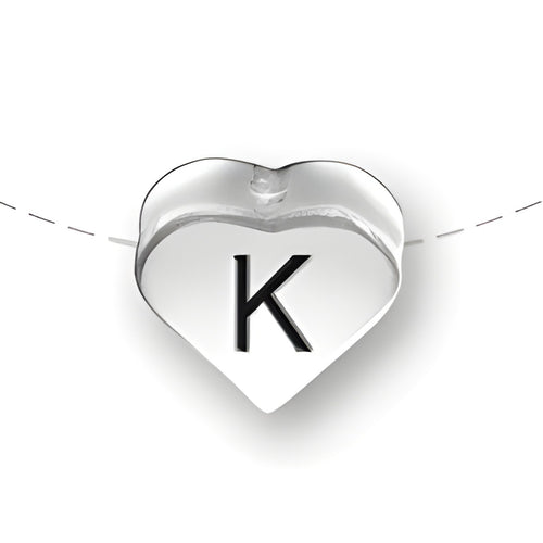 Heart-shaped bead in sterling silver featuring the letter 'K' in black. Designed for charm jewelry.