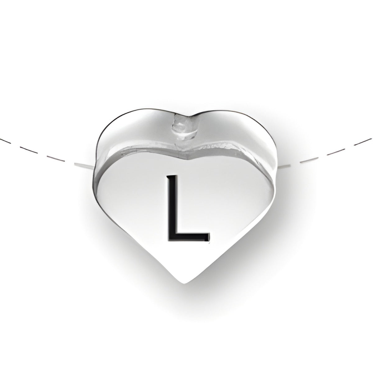 Heart-shaped bead in sterling silver featuring the letter 'L' in black, designed for charm jewelry.