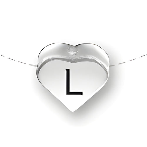 Heart-shaped bead in sterling silver featuring the letter 'L' in black, designed for charm jewelry.