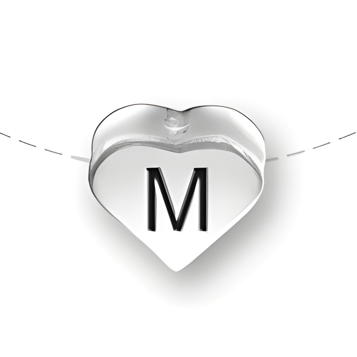 Heart-shaped bead in sterling silver with the letter 'M' prominently displayed in black.