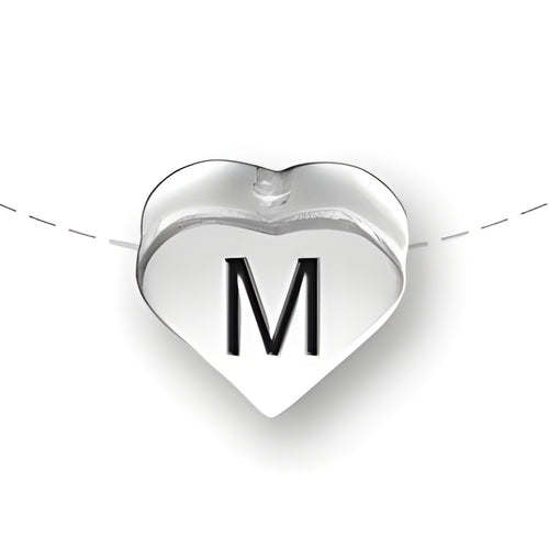 Heart-shaped bead in sterling silver with the letter 'M' prominently displayed in black.