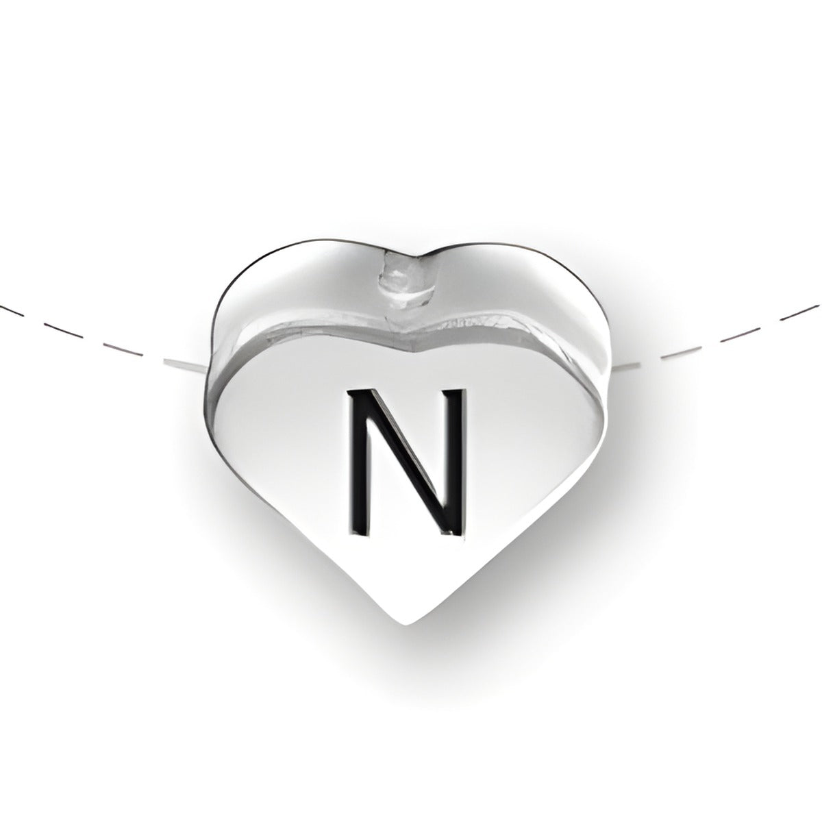 Heart-shaped bead with the letter 'N' in black, made of sterling silver by Charm Factory.