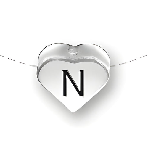 Heart-shaped bead with the letter 'N' in black, made of sterling silver by Charm Factory.