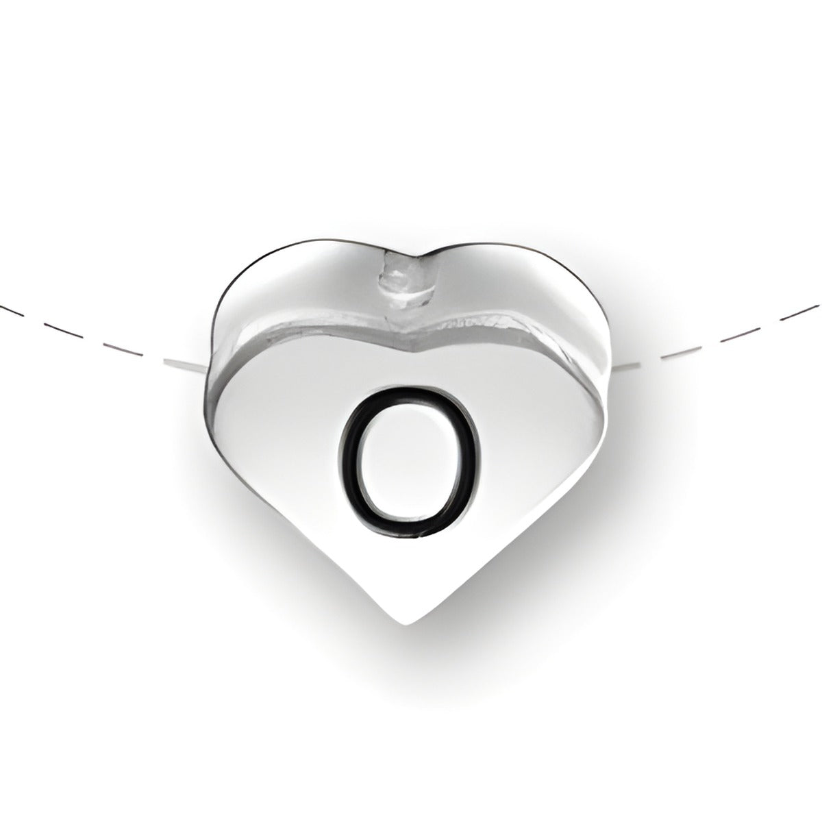 Heart-shaped bead with a black letter 'O' in the center, made of sterling silver by Charm Factory.