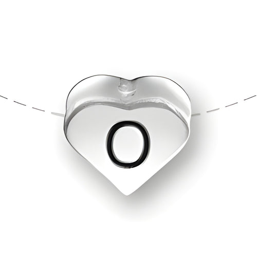 Heart-shaped bead with a black letter 'O' in the center, made of sterling silver by Charm Factory.