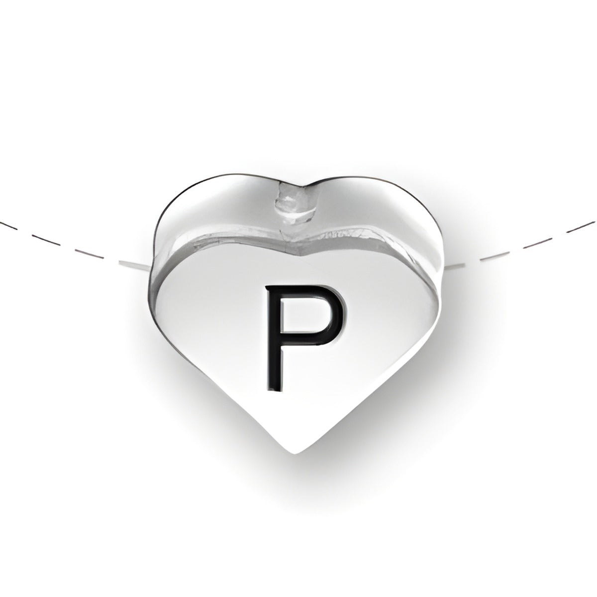 Heart-shaped bead with a black letter 'P' on the front, made of sterling silver by Charm Factory.