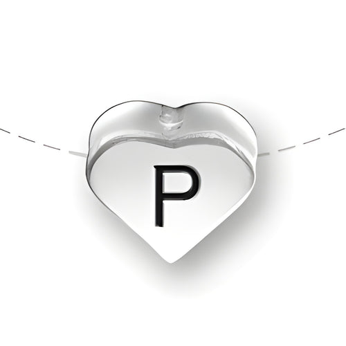 Heart-shaped bead with a black letter 'P' on the front, made of sterling silver by Charm Factory.