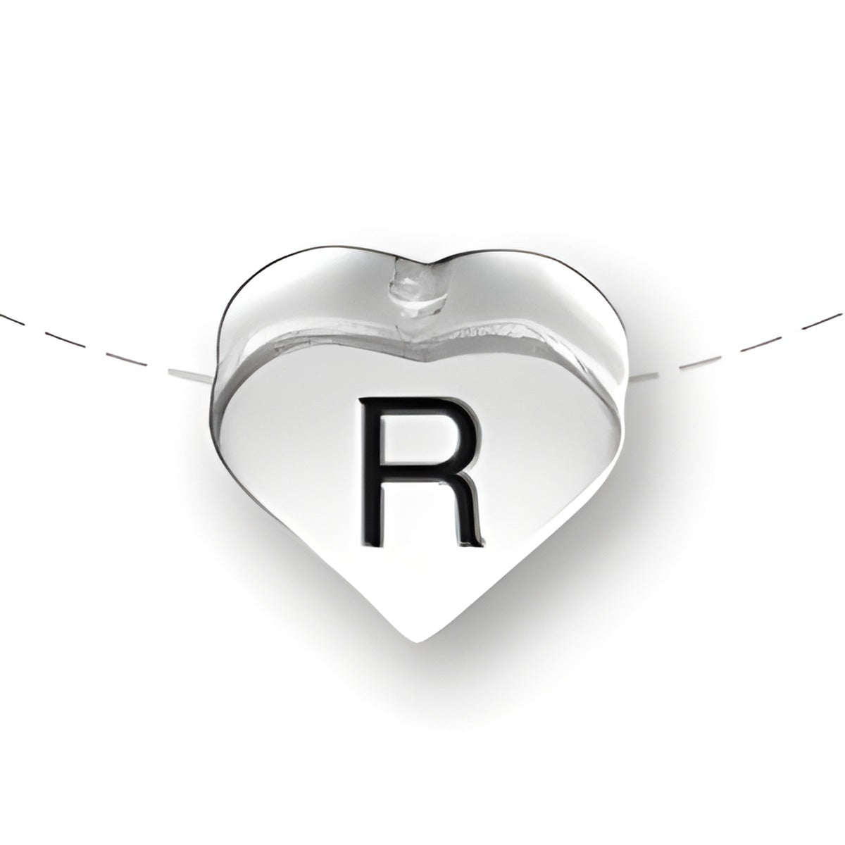 Heart-shaped bead in sterling silver featuring the letter 'R' in black. Simple and elegant design for charm jewelry.