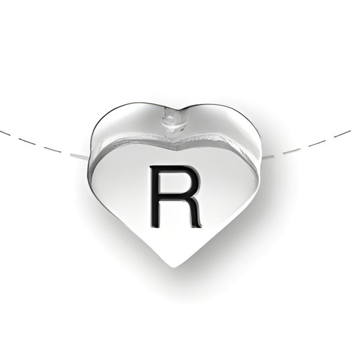 Heart-shaped bead in sterling silver featuring the letter 'R' in black. Simple and elegant design for charm jewelry.