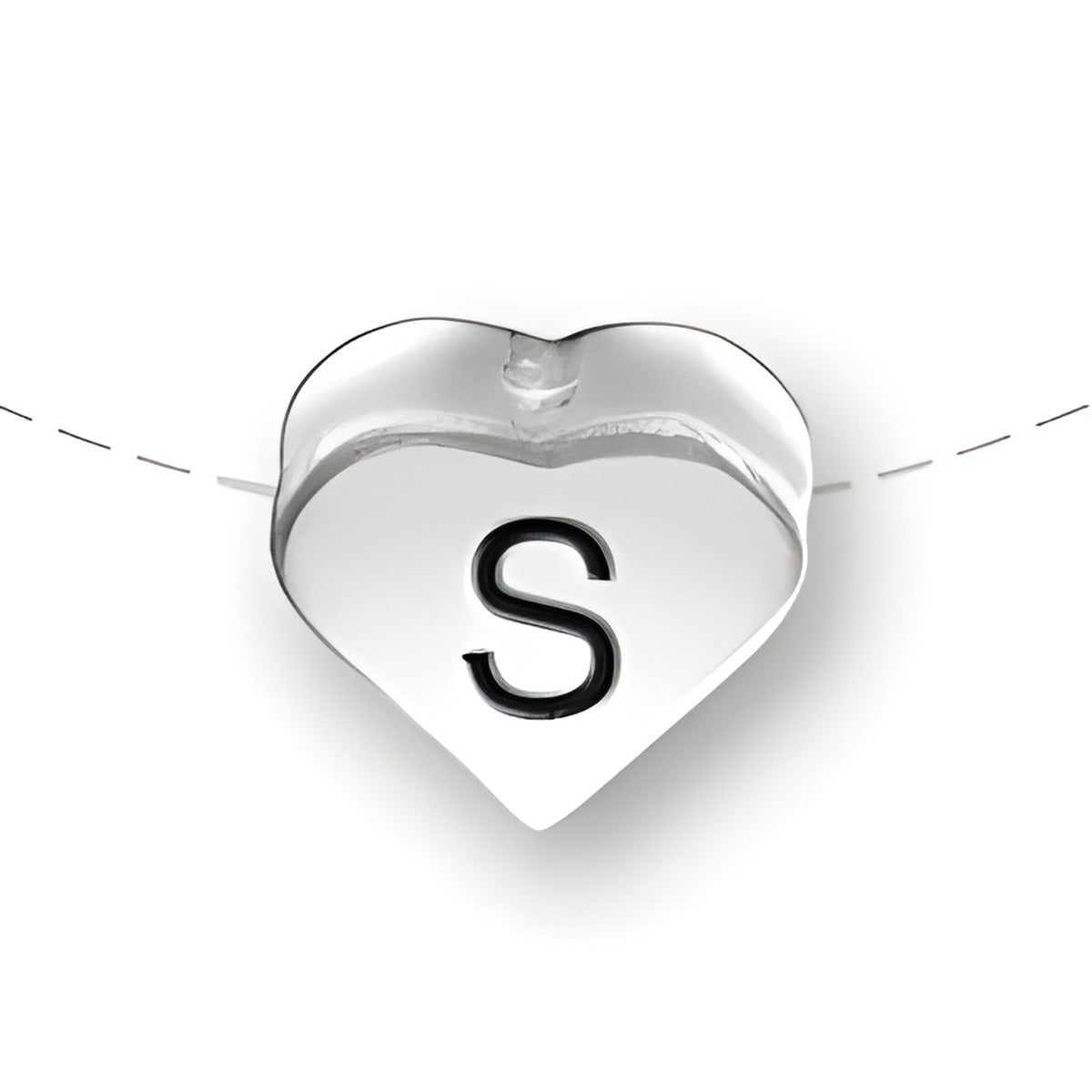 Heart-shaped bead with a black letter 'S' on a sterling silver charm. Made by Charm Factory.