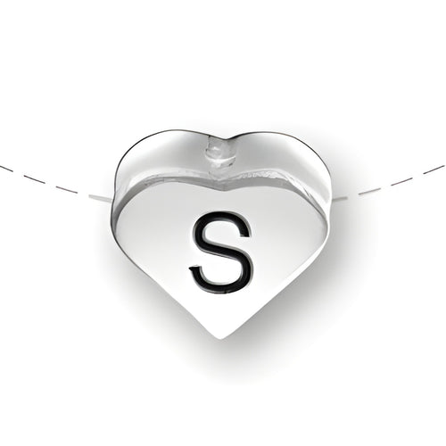Heart-shaped bead with a black letter 'S' on a sterling silver charm. Made by Charm Factory.
