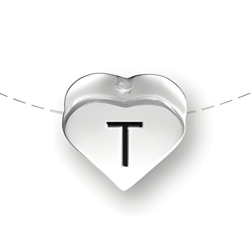 Heart-shaped bead with the letter 'T' engraved, made of sterling silver by Charm Factory.