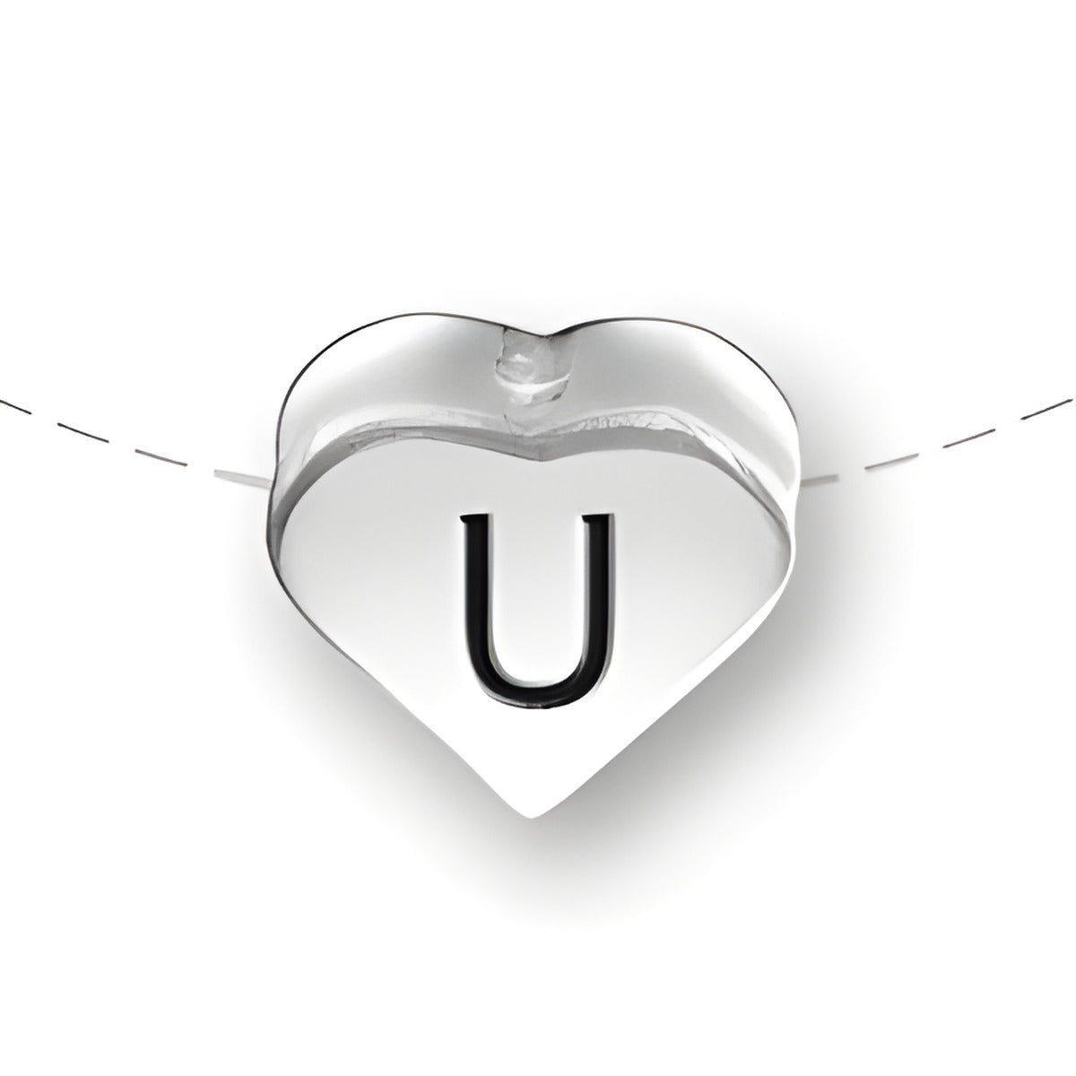 Heart-shaped bead with the letter 'U' in black, made of sterling silver by Charm Factory.