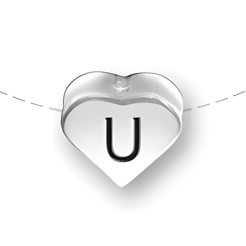 Heart-shaped bead with the letter 'U' in black, made of sterling silver by Charm Factory.
