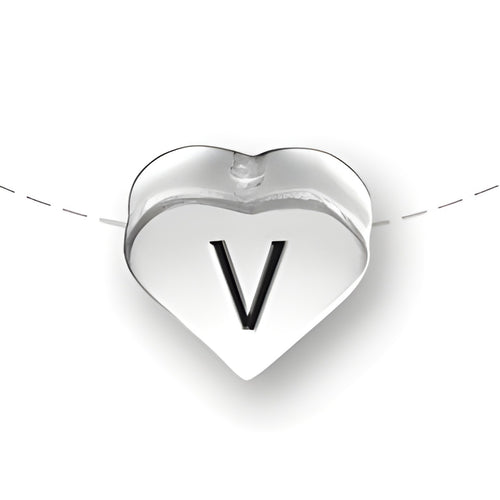 Heart-shaped bead with the letter 'V' engraved, made of sterling silver by Charm Factory.