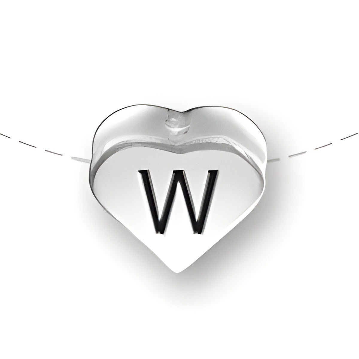 Heart-shaped bead with the letter 'W', made of sterling silver by Charm Factory, showcasing a polished finish.