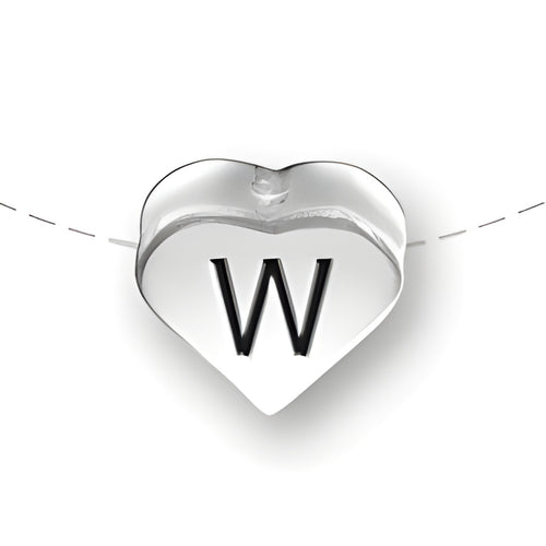 Heart-shaped bead with the letter 'W', made of sterling silver by Charm Factory, showcasing a polished finish.