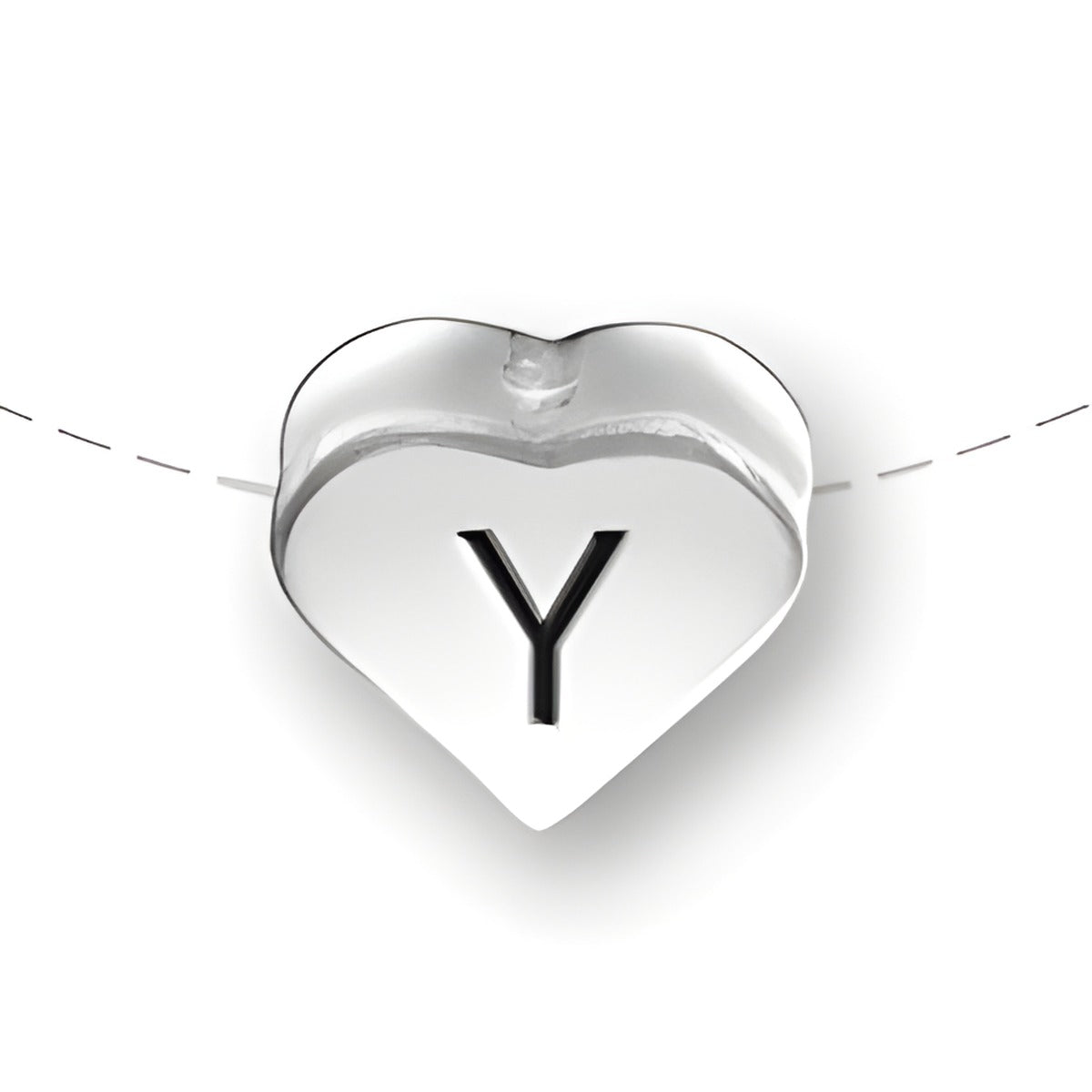 Heart-shaped bead with the letter 'Y' in black, made of sterling silver by Charm Factory.