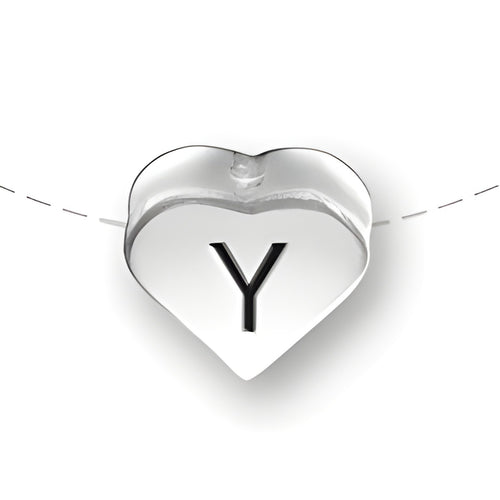 Heart-shaped bead with the letter 'Y' in black, made of sterling silver by Charm Factory.