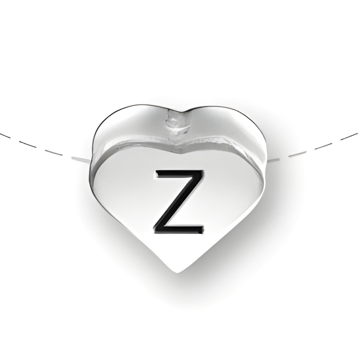 Heart-shaped bead with a black letter 'Z' on the front, made of sterling silver by Charm Factory.