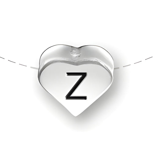 Heart-shaped bead with a black letter 'Z' on the front, made of sterling silver by Charm Factory.