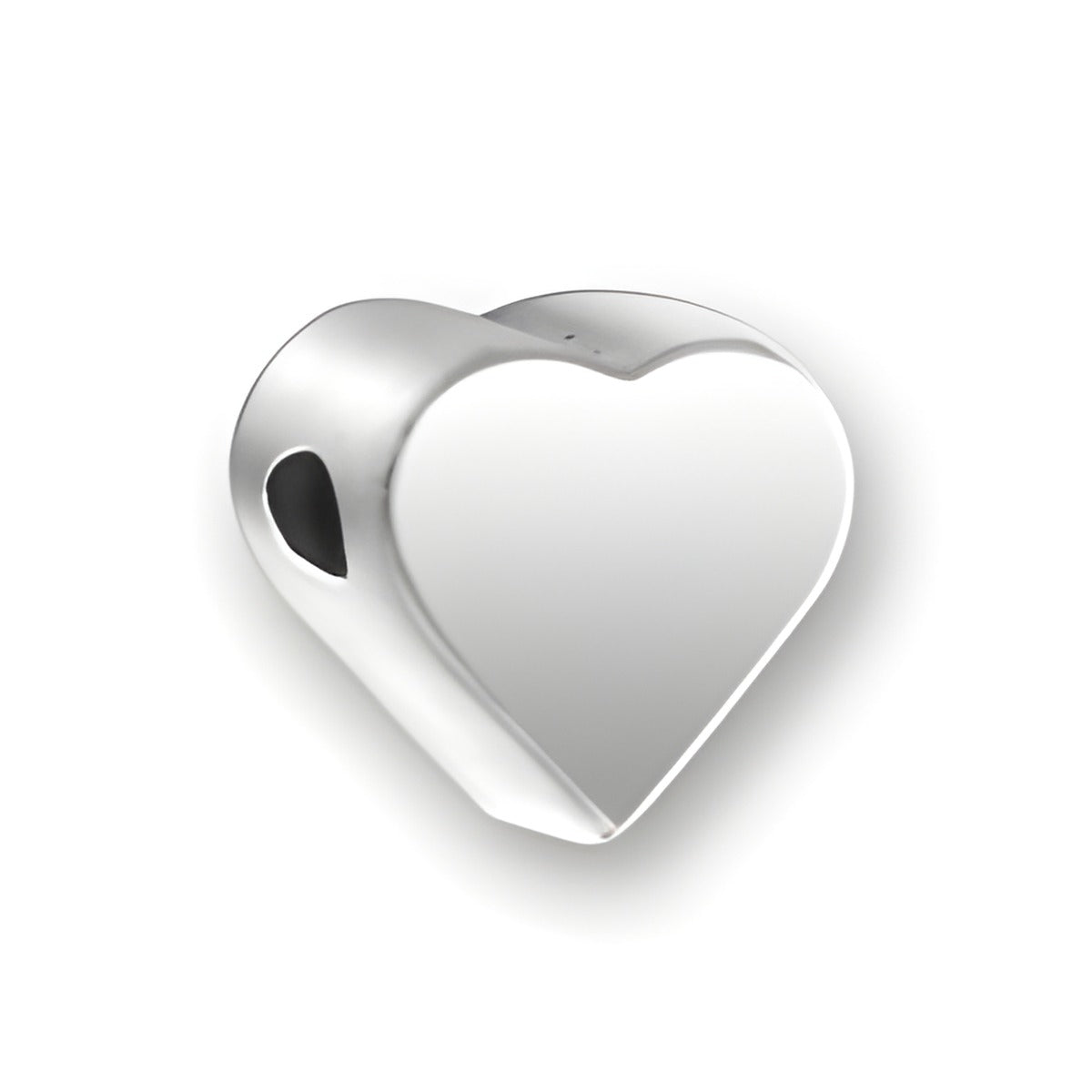 Heart-Shaped Bead in sterling silver, featuring a smooth, blank surface for customization.