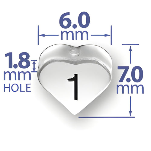 Heart-shaped bead with the number 1, made of sterling silver. Dimensions: 6.0 mm wide, 7.0 mm tall, 1.8 mm hole.
