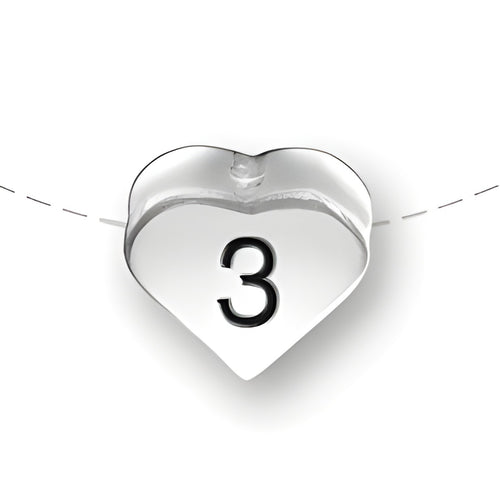 Heart-shaped bead with the number 3, made of sterling silver by Charm Factory.