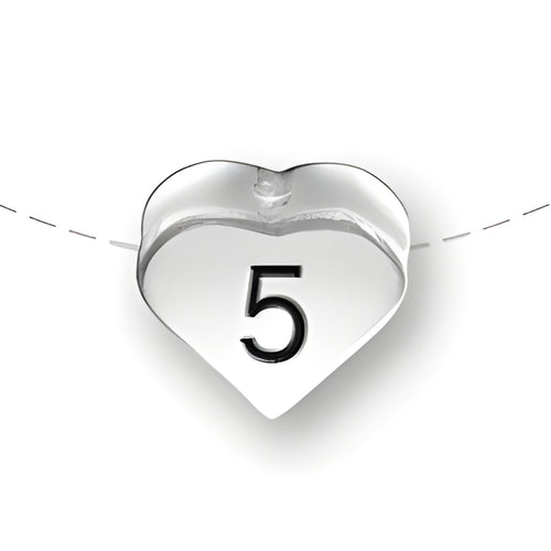 Heart-shaped bead with the number 5, made of sterling silver, designed by Charm Factory.