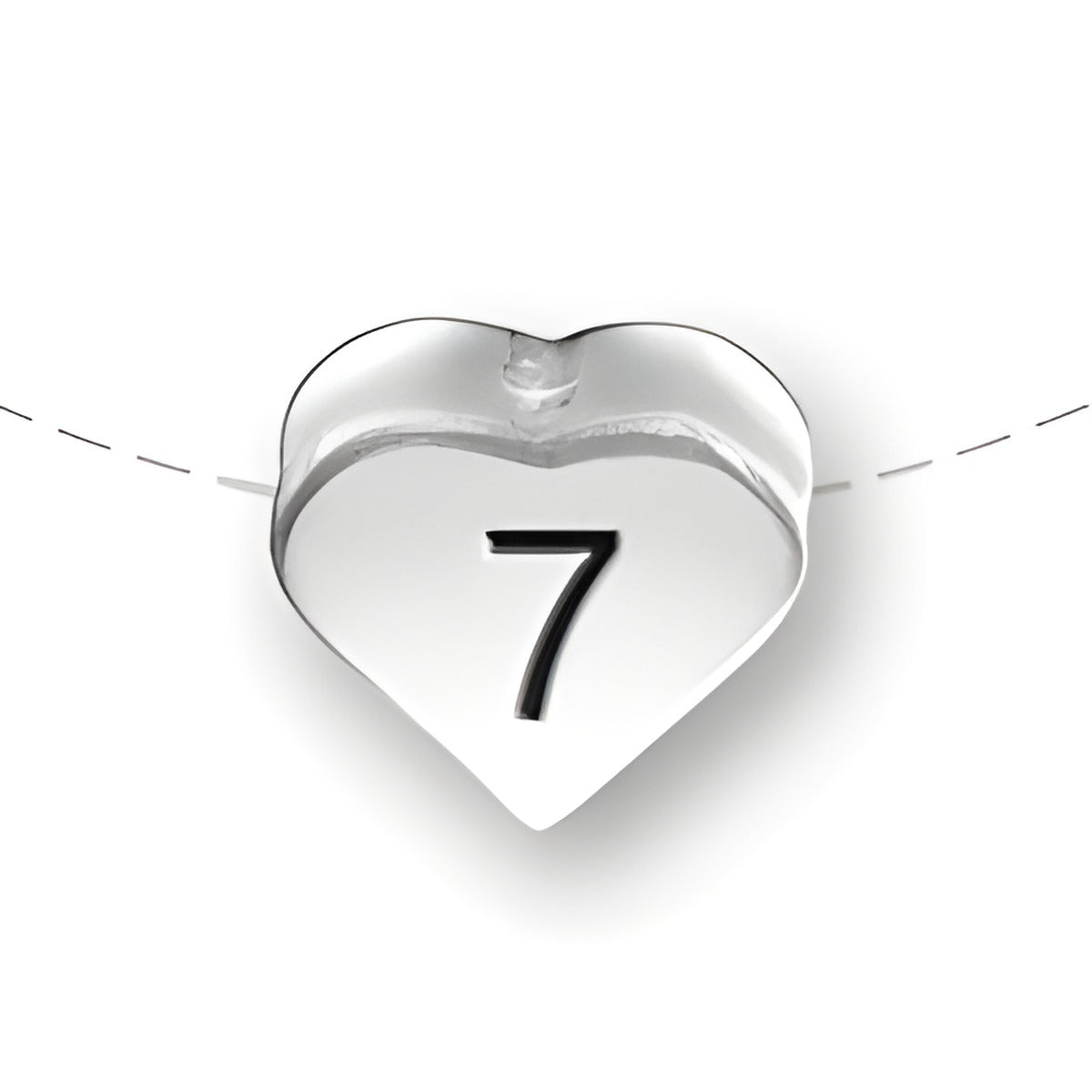 Heart-shaped bead in sterling silver featuring the number 7 in black. Simple and elegant design.