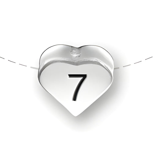 Heart-shaped bead in sterling silver featuring the number 7 in black. Simple and elegant design.