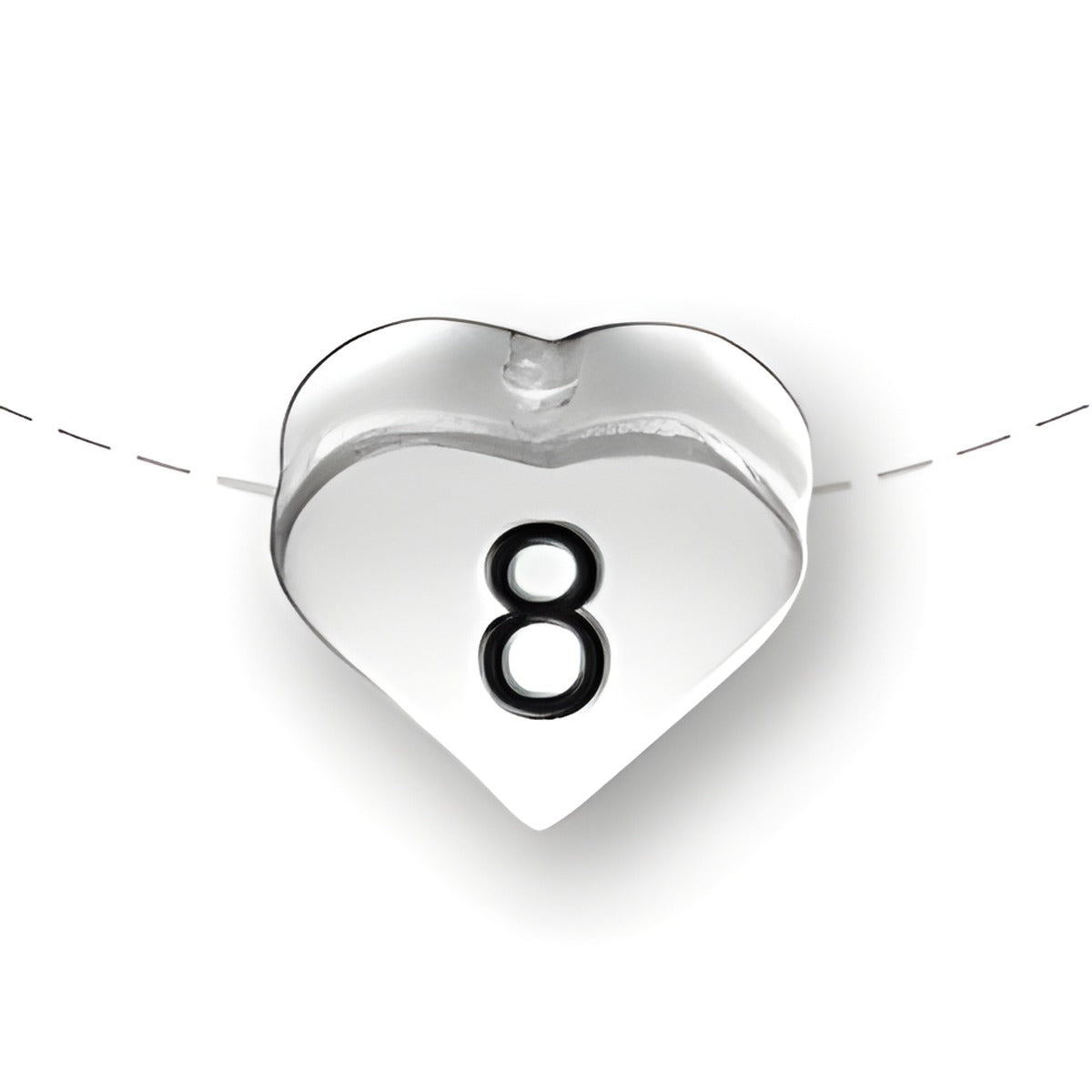 Heart-shaped bead in sterling silver with the number 8 displayed prominently in black. Simple and elegant design.