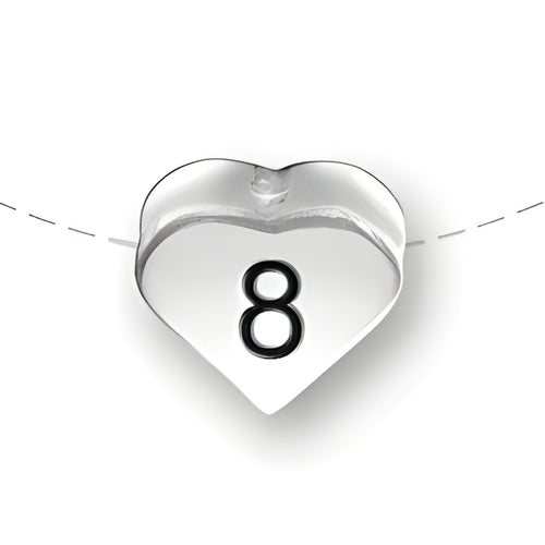 Heart-shaped bead in sterling silver with the number 8 displayed prominently in black. Simple and elegant design.