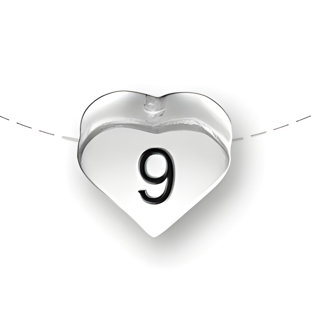 Heart-shaped bead in sterling silver featuring the number 9, designed for charm jewelry by Charm Factory.