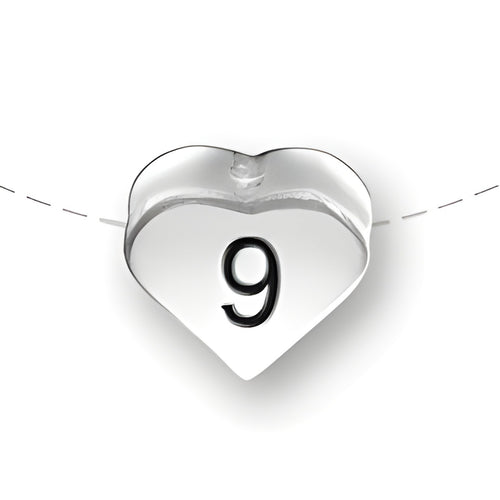Heart-shaped bead in sterling silver featuring the number 9, designed for charm jewelry by Charm Factory.