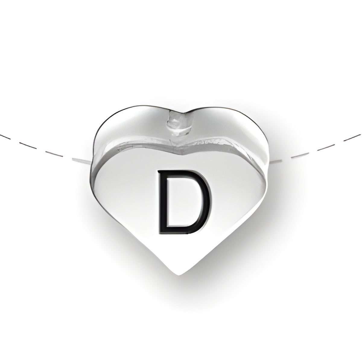 Heart-shaped bead in sterling silver featuring the letter 'D' in black, designed by Charm Factory.