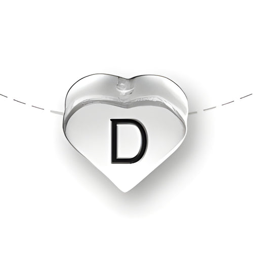 Heart-shaped bead in sterling silver featuring the letter 'D' in black, designed by Charm Factory.