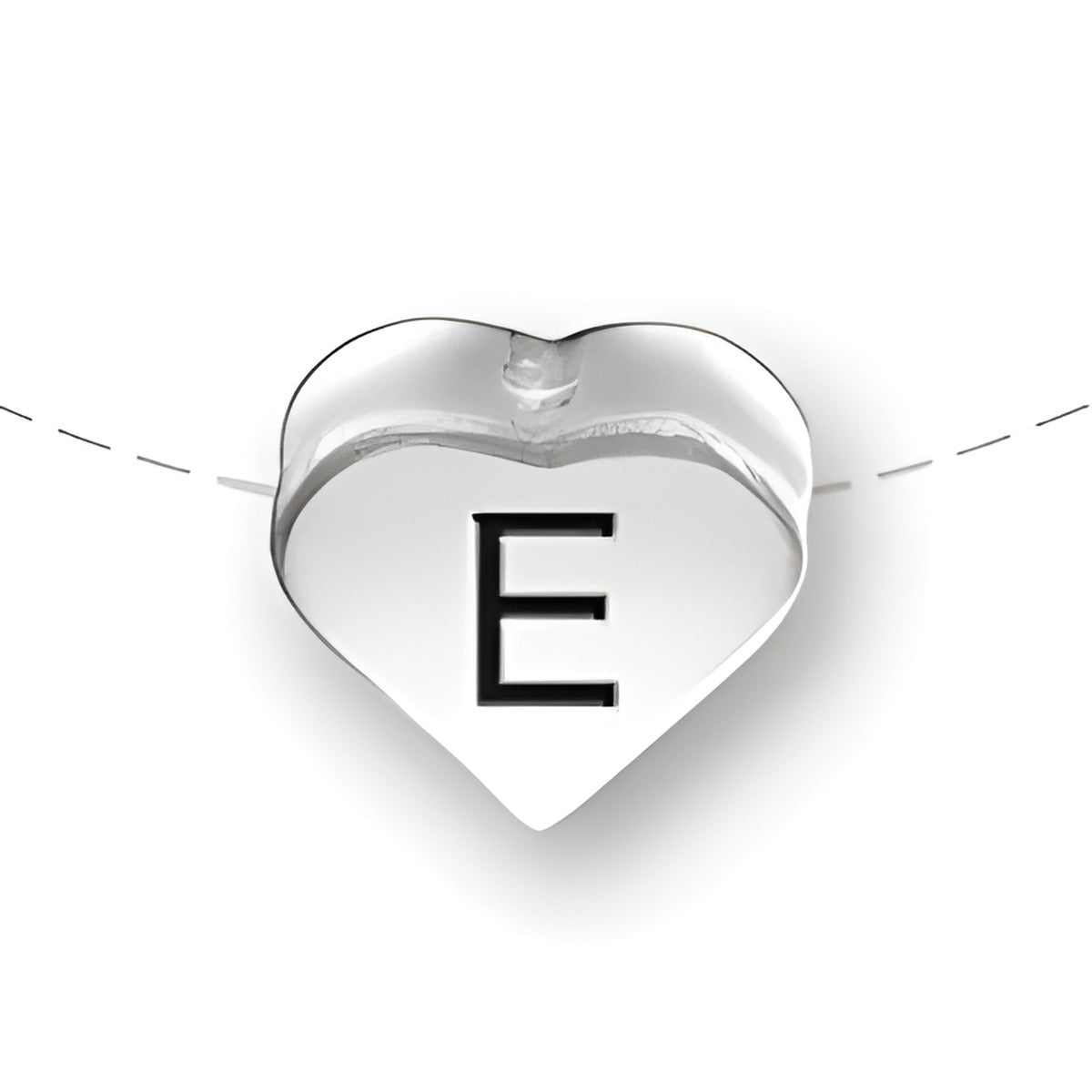 Heart-shaped bead featuring the letter 'E', made of sterling silver by Charm Factory.