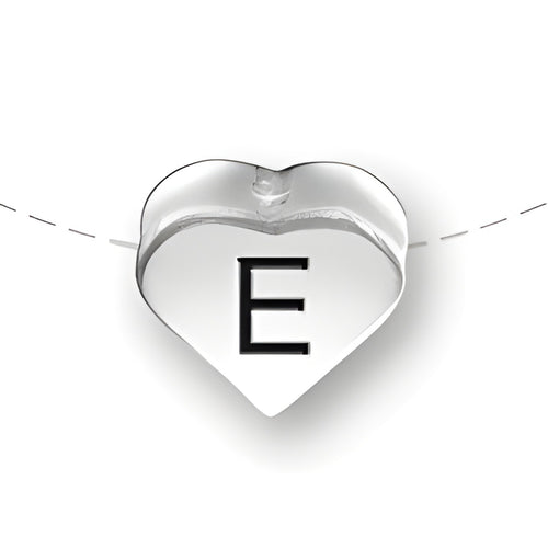 Heart-shaped bead featuring the letter 'E', made of sterling silver by Charm Factory.