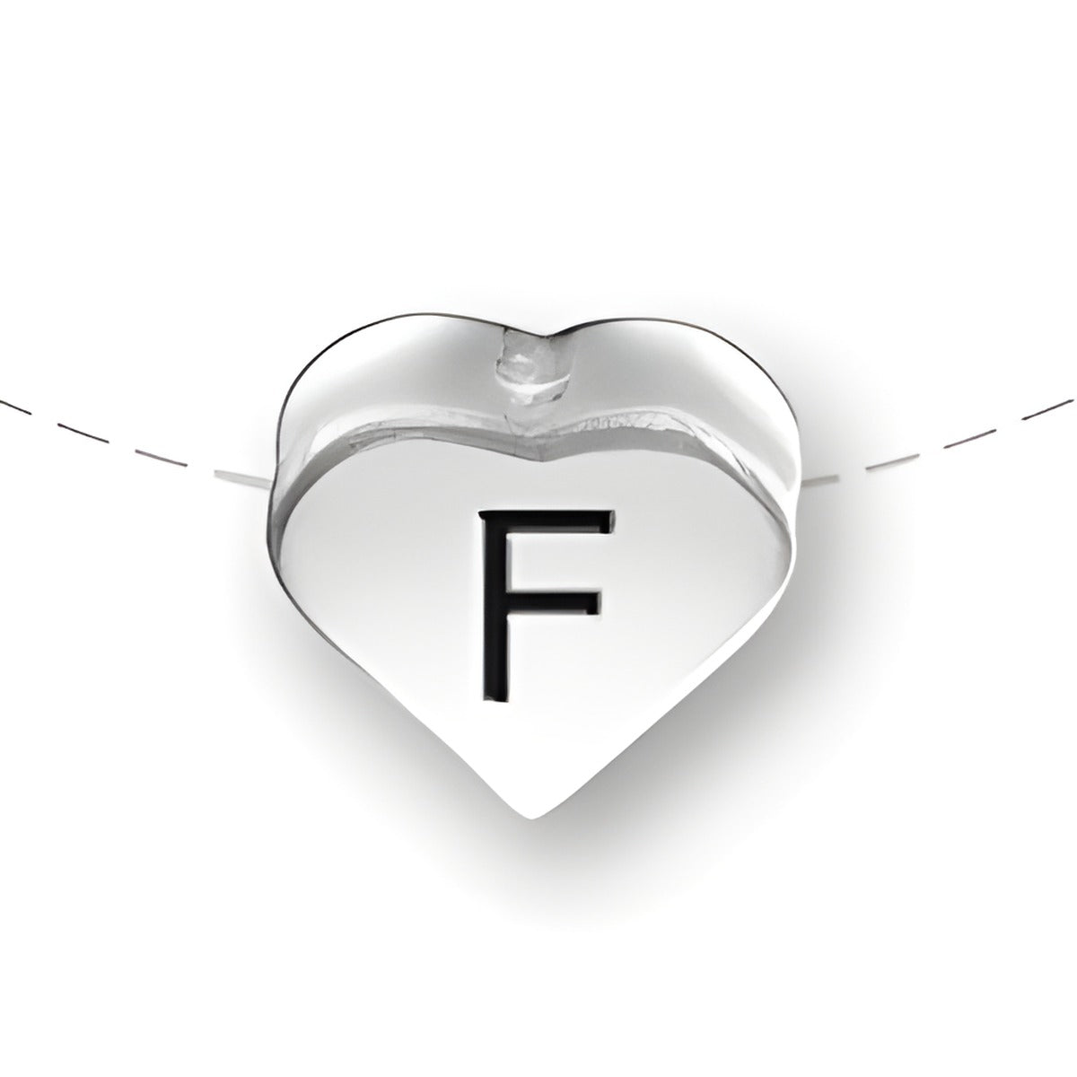 Heart-shaped bead with the letter 'F', made of sterling silver, designed for charm jewelry by Charm Factory.