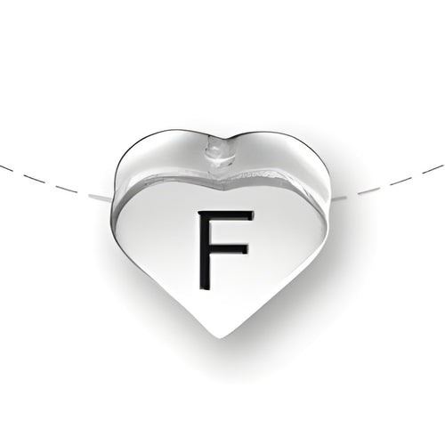 Heart-shaped bead with the letter 'F', made of sterling silver, designed for charm jewelry by Charm Factory.