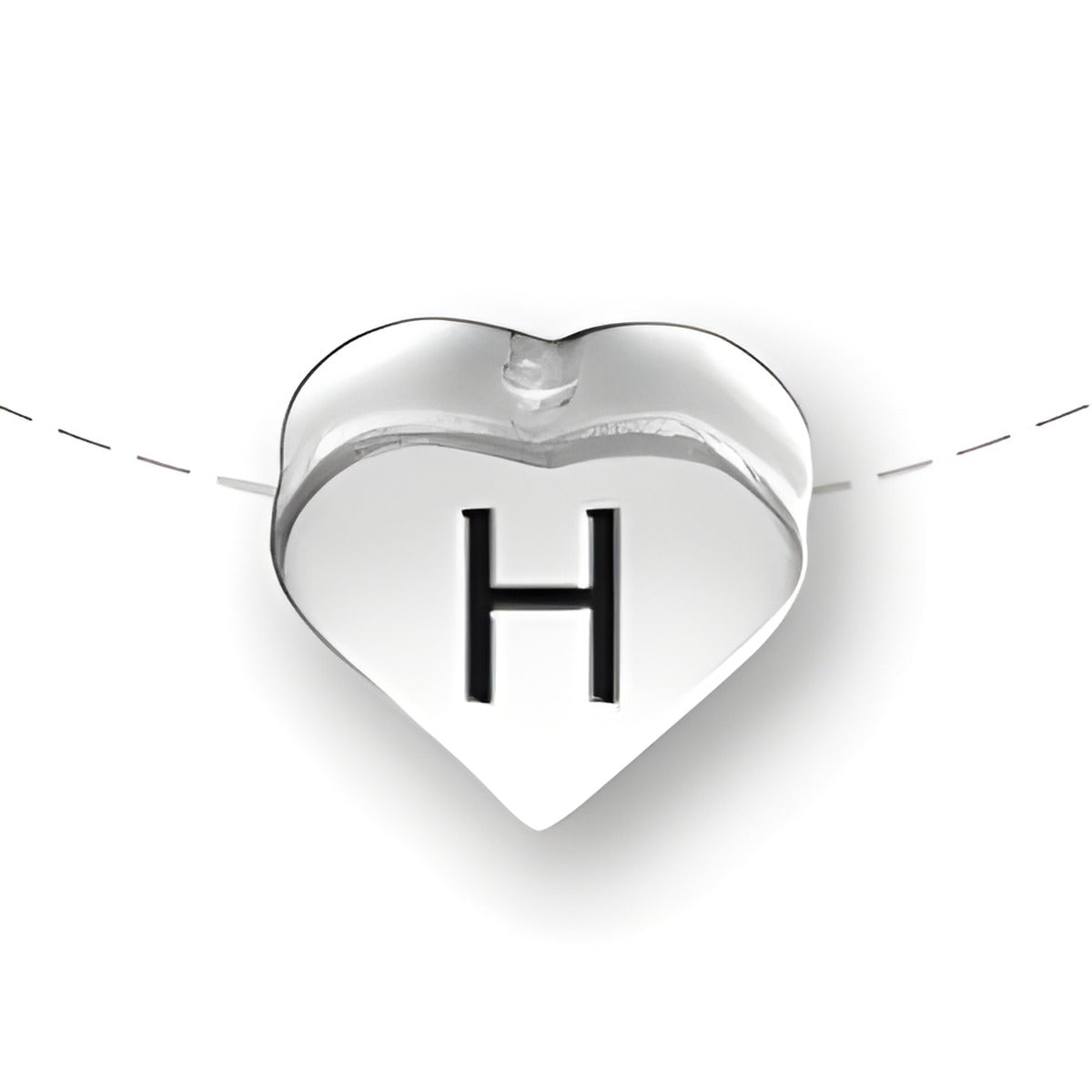 Heart-shaped bead with the letter 'H' in black, made of sterling silver by Charm Factory.