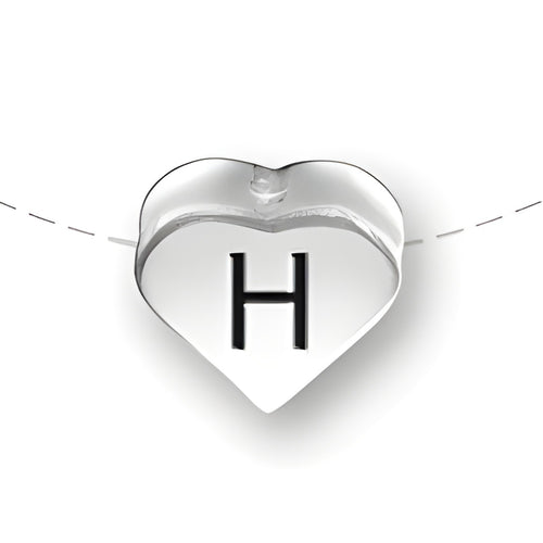 Heart-shaped bead with the letter 'H' in black, made of sterling silver by Charm Factory.