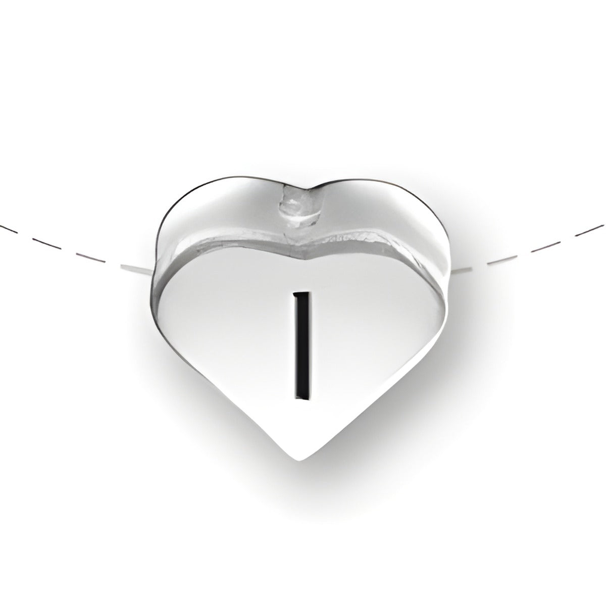 Heart-shaped bead in sterling silver featuring the letter 'I'. Smooth finish with a central slot for threading.