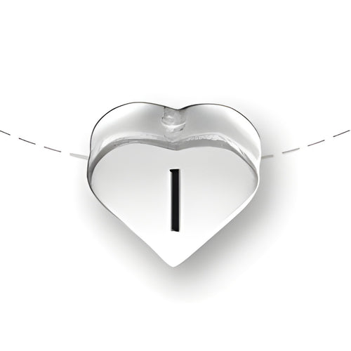 Heart-shaped bead in sterling silver featuring the letter 'I'. Smooth finish with a central slot for threading.