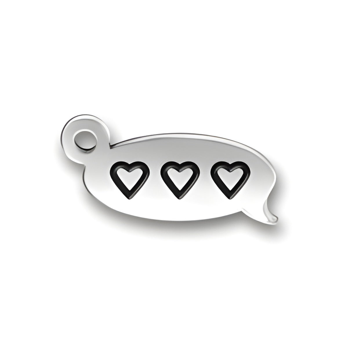 Charm Factory Heart Text Chat Charm, made of silver, featuring a speech bubble design with three heart cutouts.