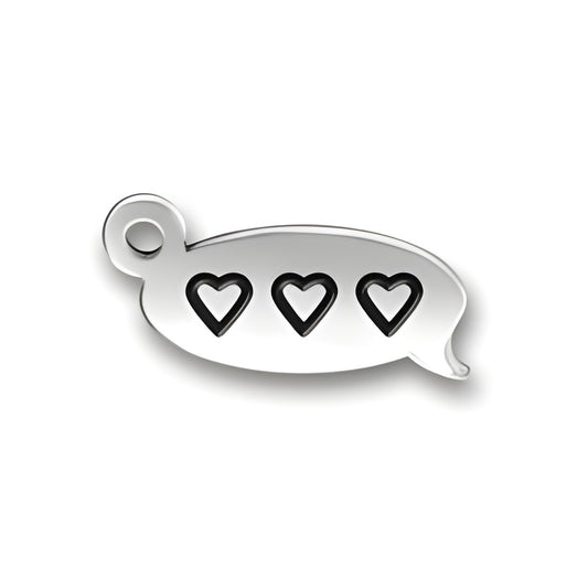 Charm Factory Heart Text Chat Charm, made of silver, featuring a speech bubble design with three heart cutouts.