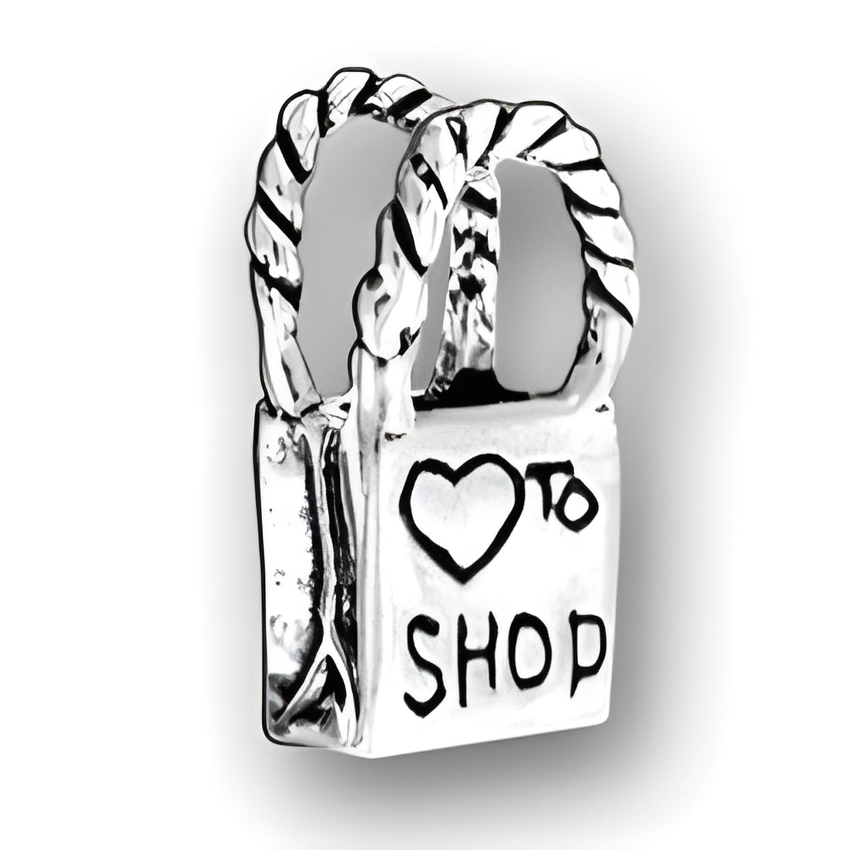 Charm Factory Heart to Shop Shopping Bag Charm, crafted from silver, features a bag with 'Heart to Shop' inscription.