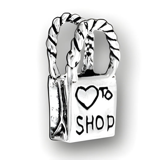 Charm Factory Heart to Shop Shopping Bag Charm, crafted from silver, features a bag with 'Heart to Shop' inscription.