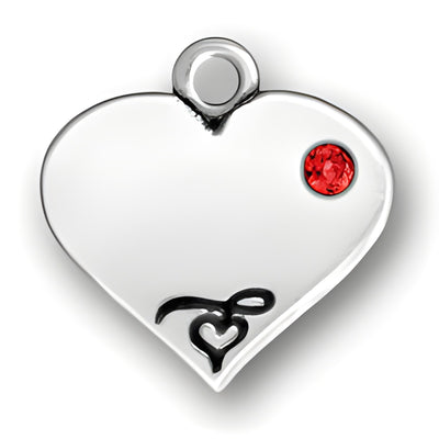 Charm Factory Heart with Red Crystal, made of polished silver, featuring a decorative design and a vibrant red crystal accent.